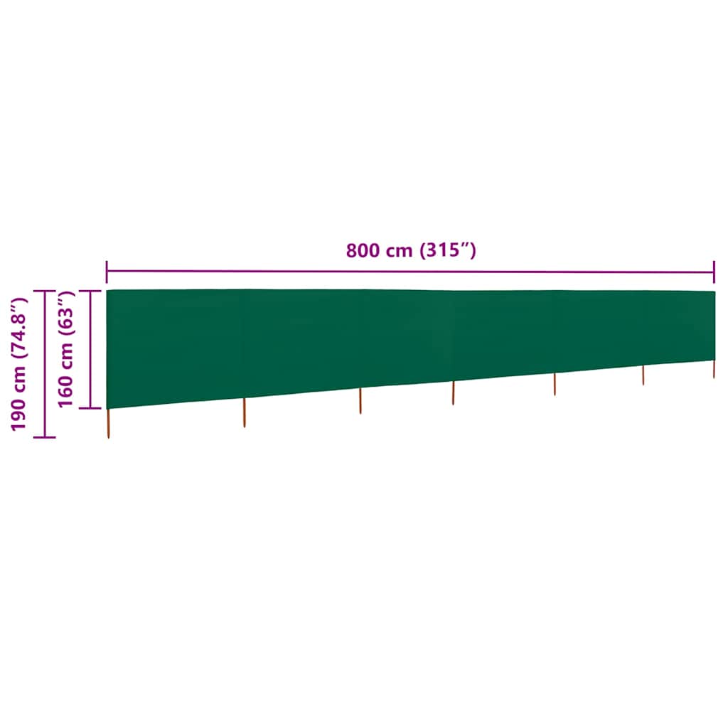 6dílná zástěna proti větru látková 800 x 160 cm zelená
