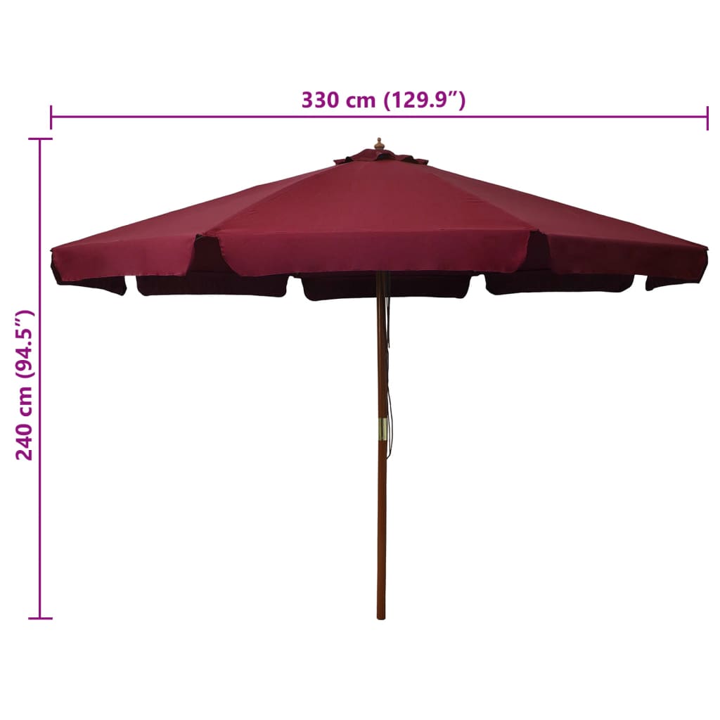 Zahradní slunečník s dřevěnou tyčí 330 cm vínový