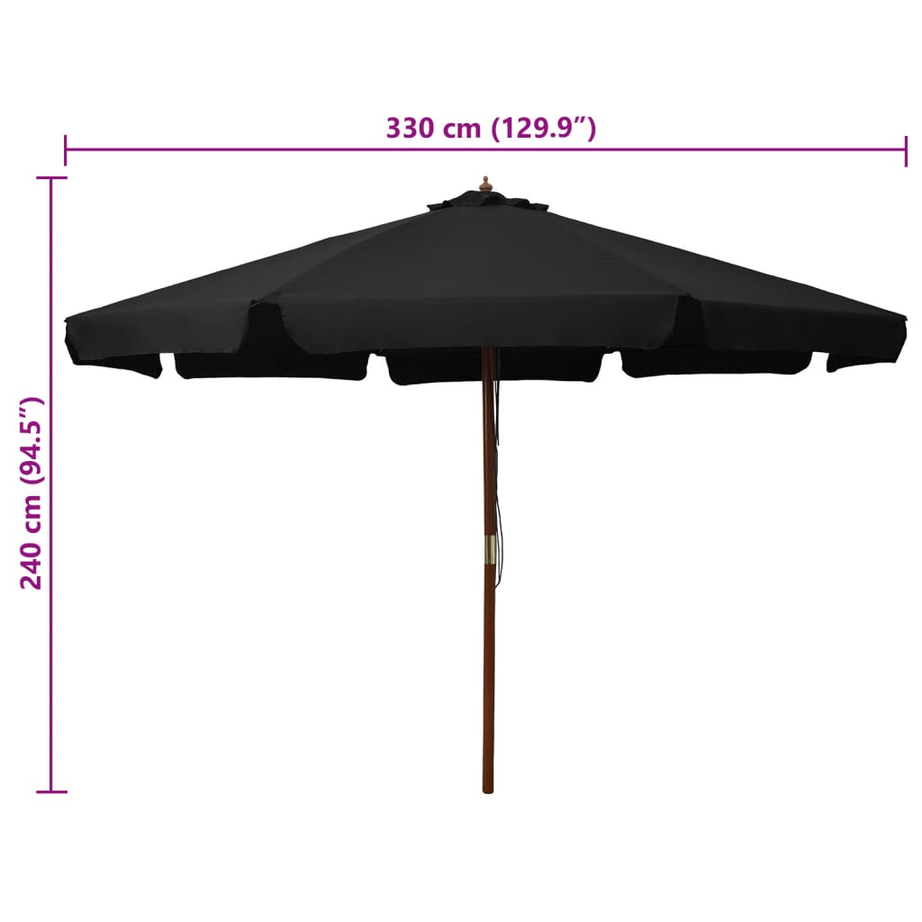 Zahradní slunečník s dřevěnou tyčí 330 cm černý