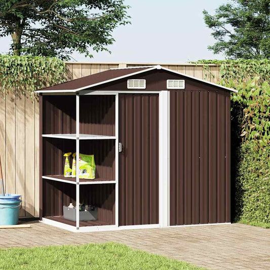 Zahradní domek s regálem hnědý 205 x 130 x 183 cm železo
