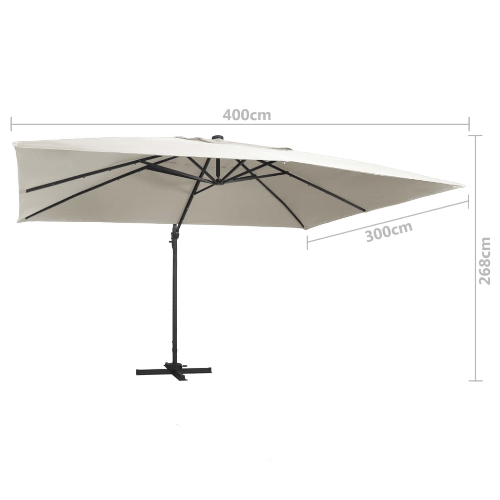 Boční zahradní slunečník s LED hliníková tyč 400x300 cm pískový