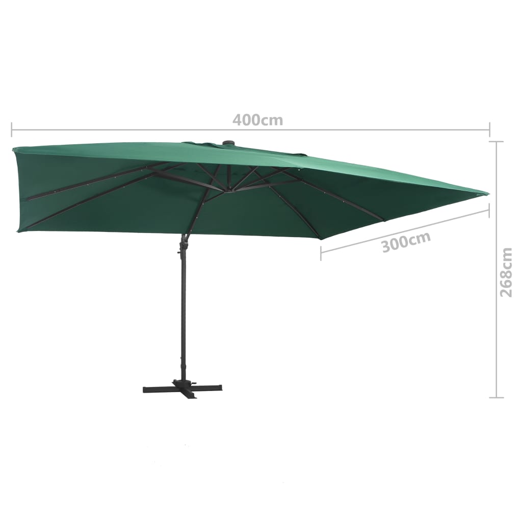Boční zahradní slunečník s LED hliníková tyč 400x300 cm zelený