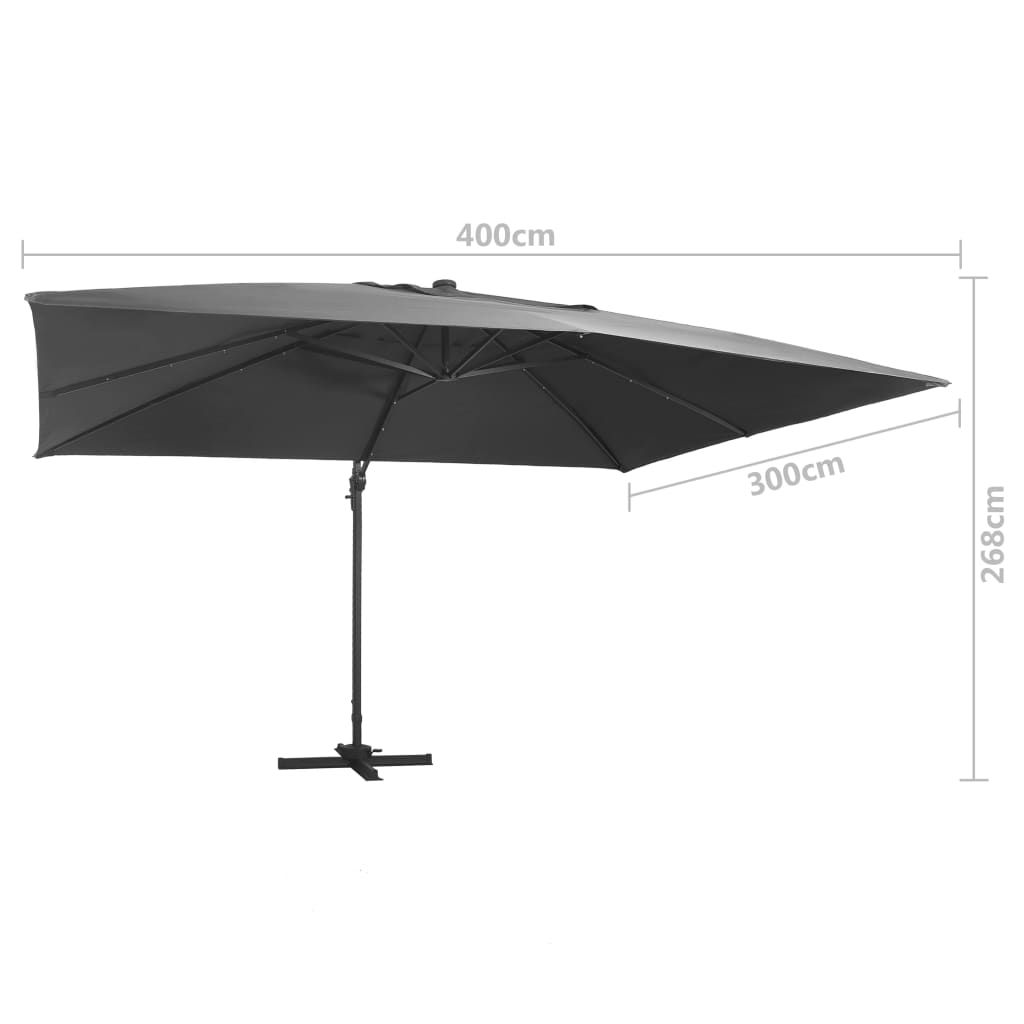 Boční zahradní slunečník s LED hliníková tyč 400x300cm antracit