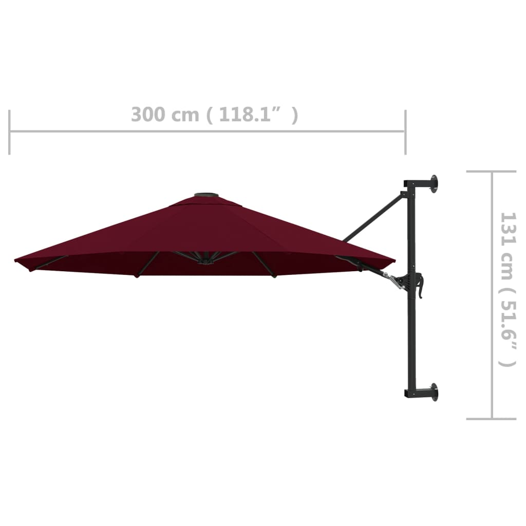 Nástěnný slunečník s kovovou tyčí 300 cm vínový