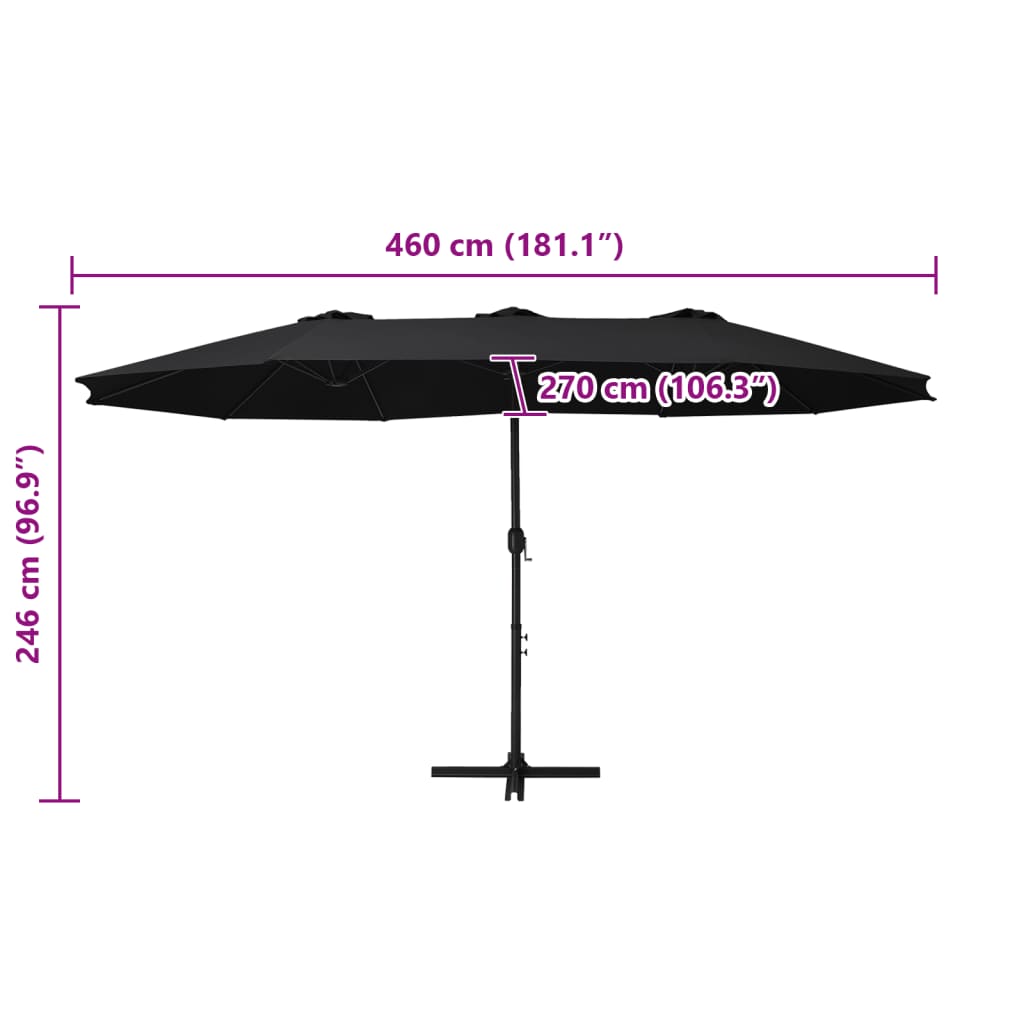 Zahradní slunečník s hliníkovou tyčí 460 x 270 cm černý