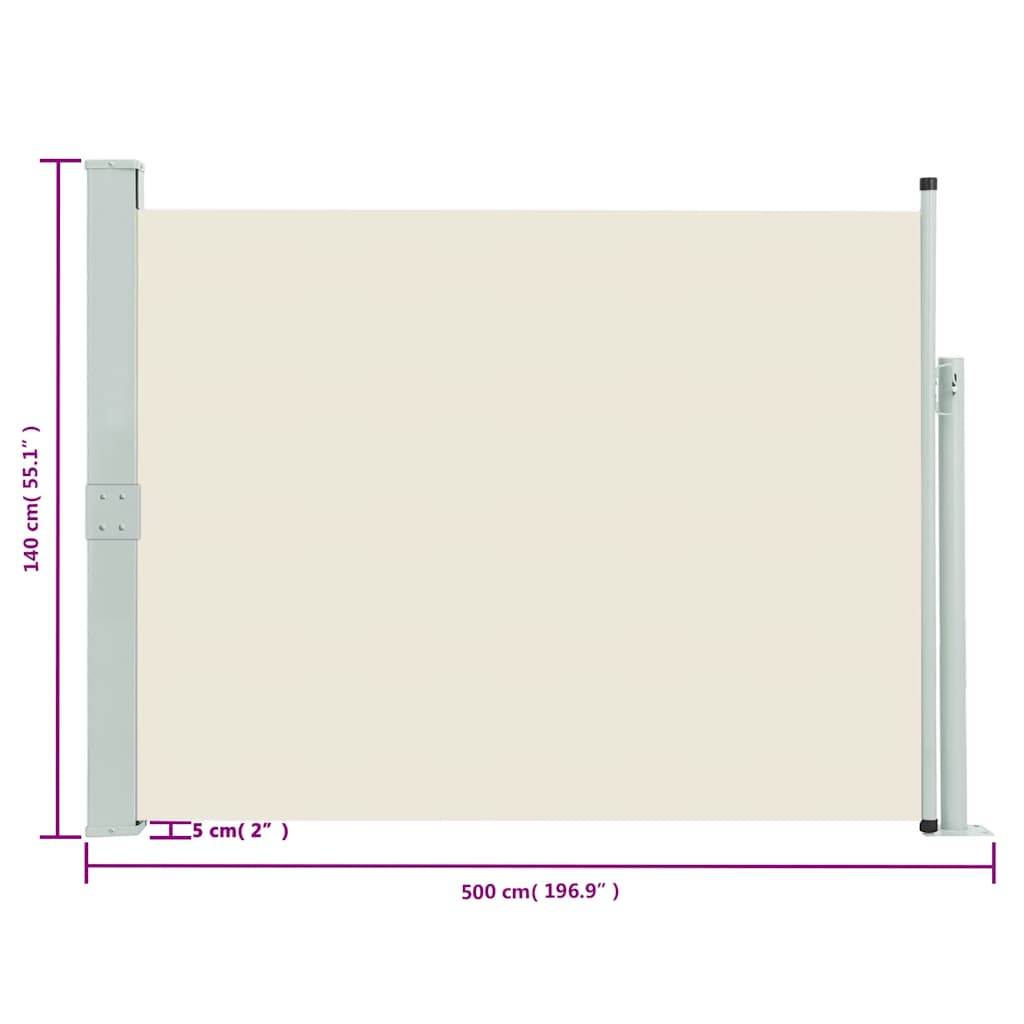 Zatahovací boční markýza/zástěna na terasu 140 x 500 cm krémová