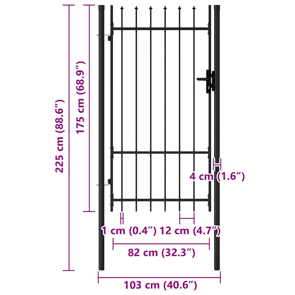 Zahradní branka s hroty ocelová 1 x 1,75 m černá