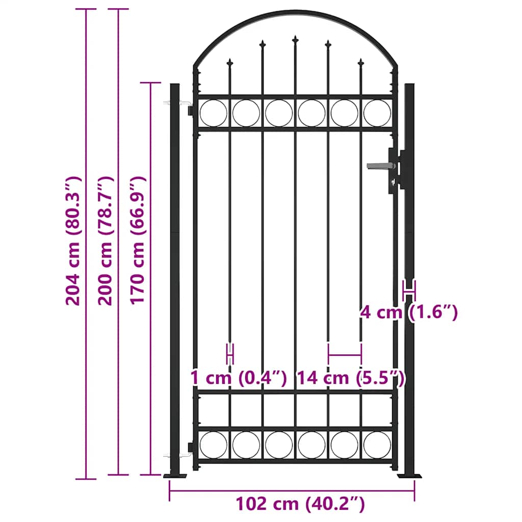 Zahradní branka s obloukem a 2 sloupky 105 x 204 cm černá