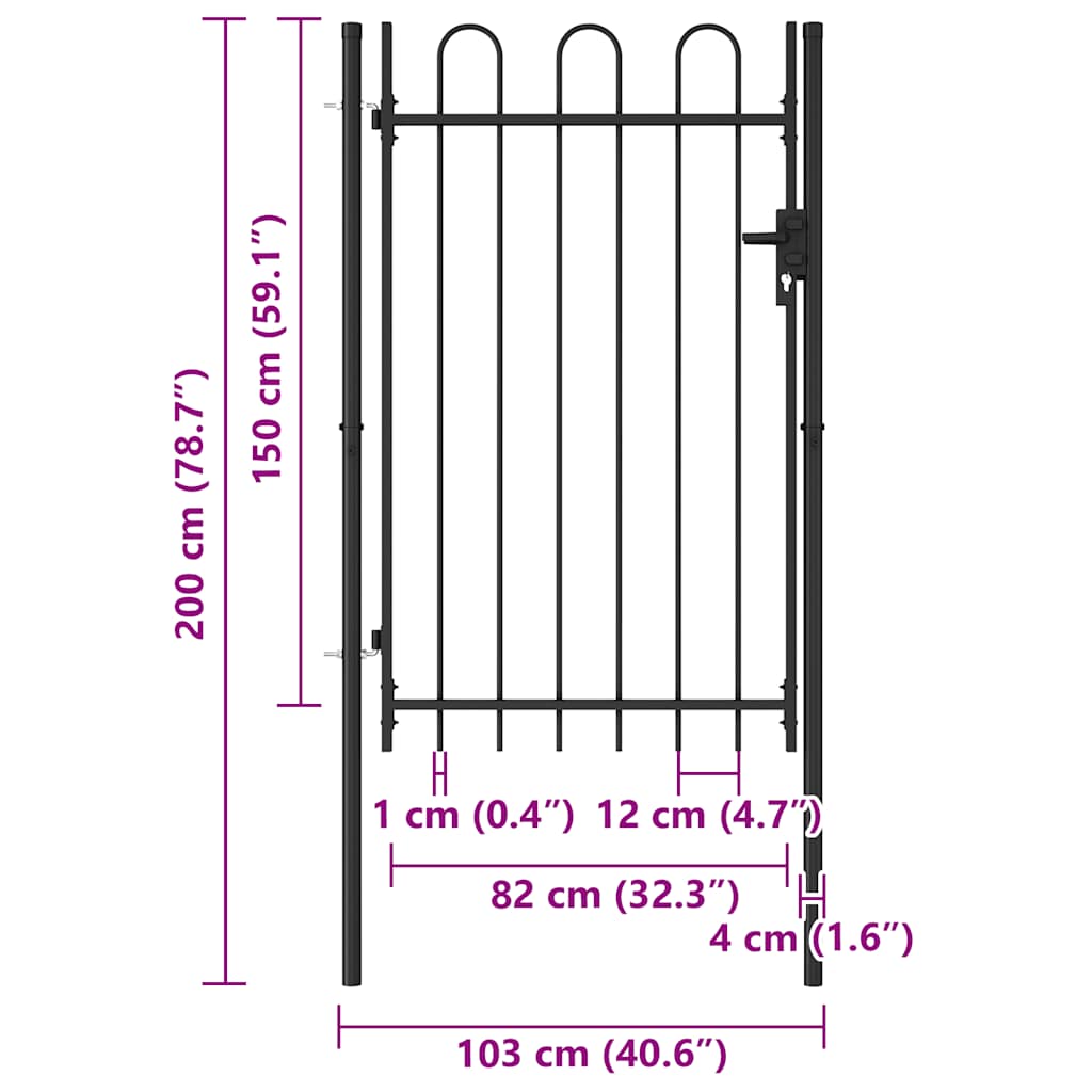 Zahradní branka s obloukem ocelová 1 x 1,5 m černá