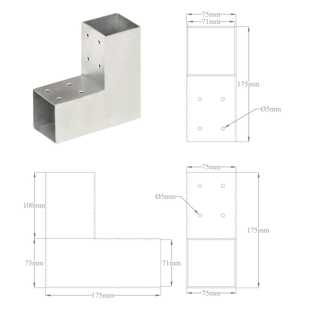 Trámová spojka 4 ks ve tvaru L pozinkovaný kov 71 x 71 mm