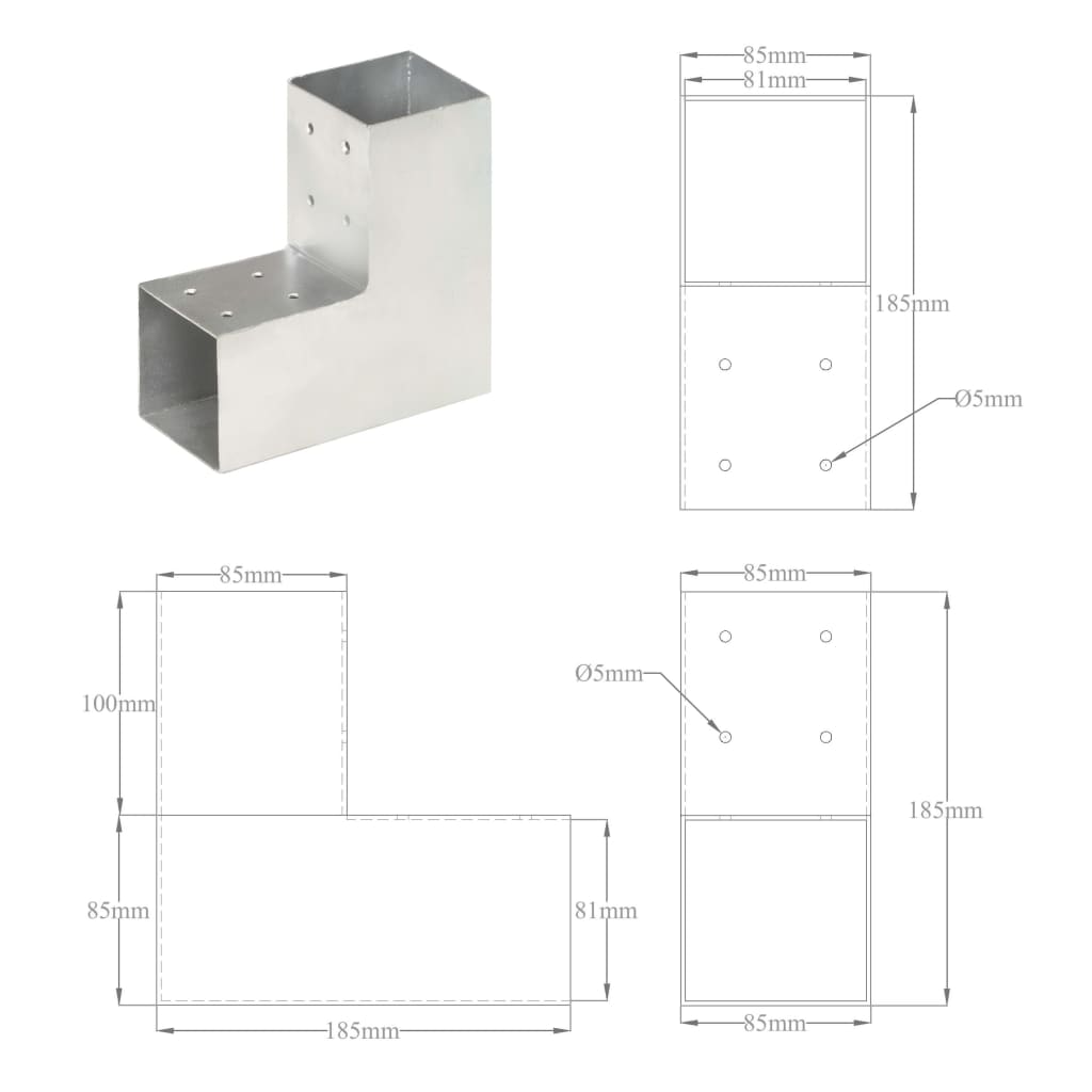 Trámová spojka 4 ks ve tvaru L pozinkovaný kov 81 x 81 mm