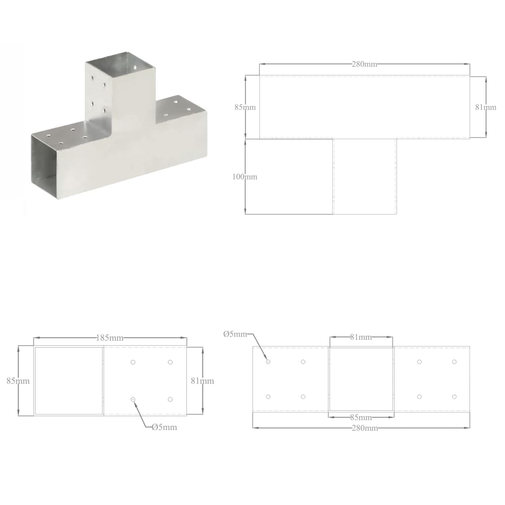 Trámová spojka 4 ks ve tvaru T pozinkovaný kov 81 x 81 mm