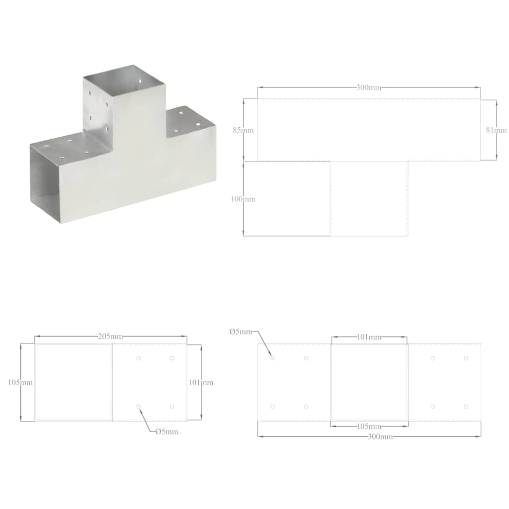 Trámová spojka 4 ks ve tvaru T pozinkovaný kov 101 x 101 mm