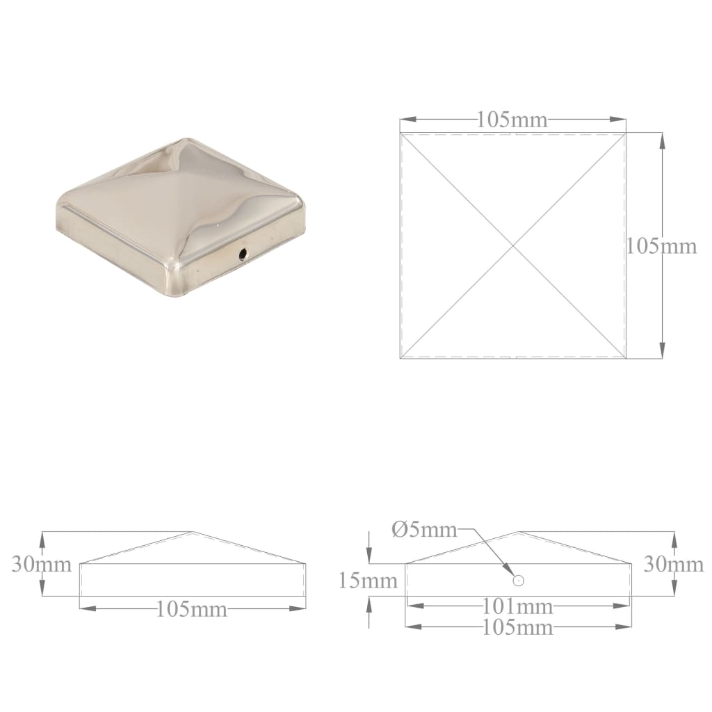 Krytky na plotové sloupky ve tvaru stříšky 6 ks nerez 101x101mm