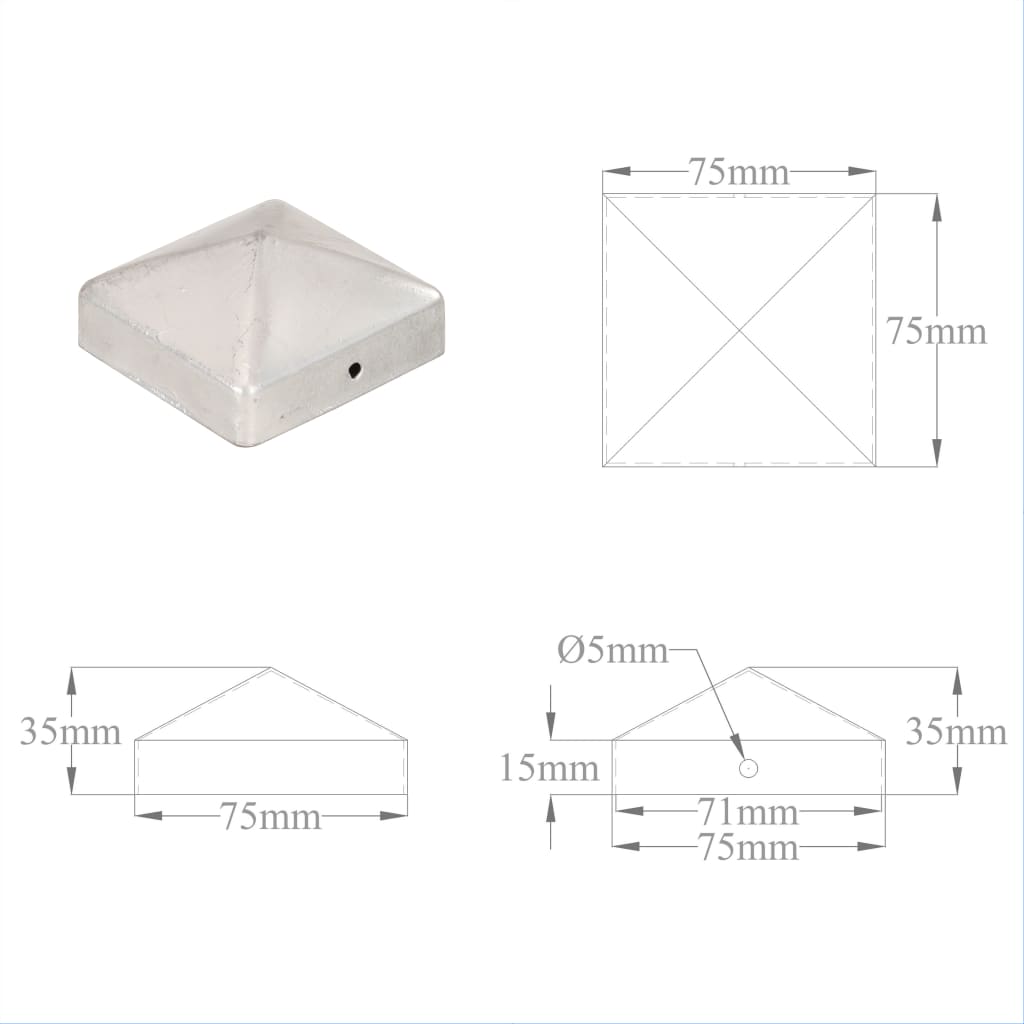Krytky na plotové sloupky stříška 6 ks pozinkovaný kov 71x71 mm