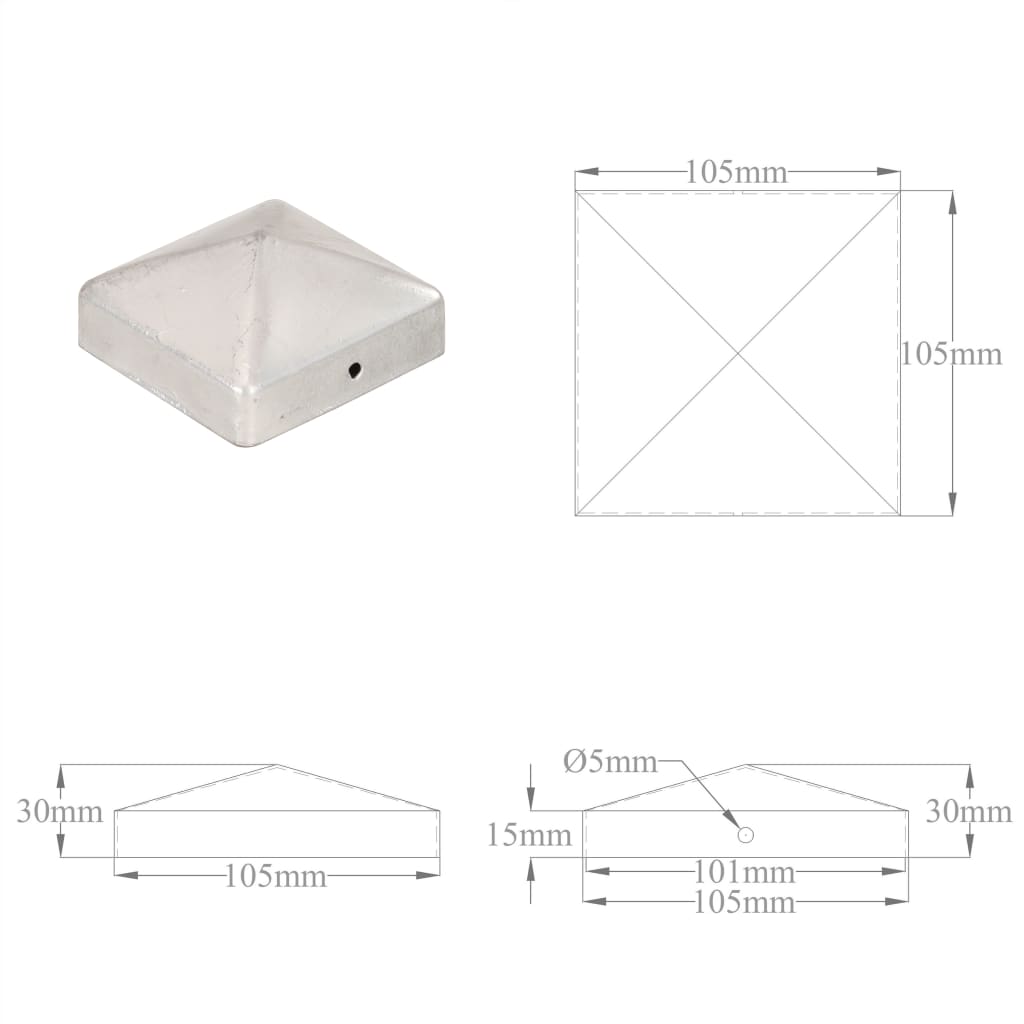 Krytky na plotové sloupky stříška 6ks pozinkovaný kov 101x101mm