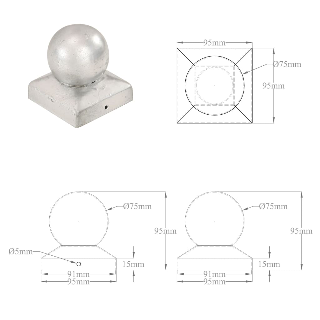 Krytky na plotové sloupky 6 ks s koulí pozinkovaný kov 91x91 mm