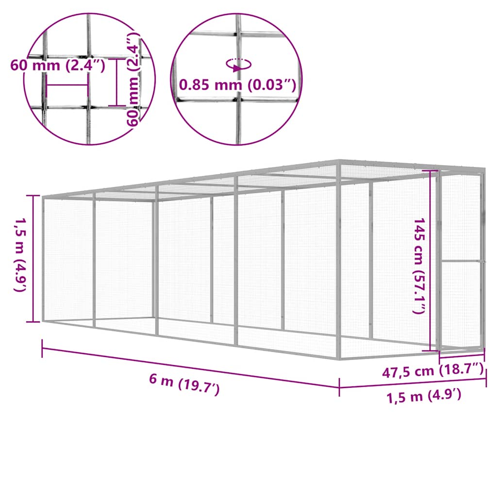 Klec pro kočky 6 x 1,5 x 1,5 m pozinkovaná ocel