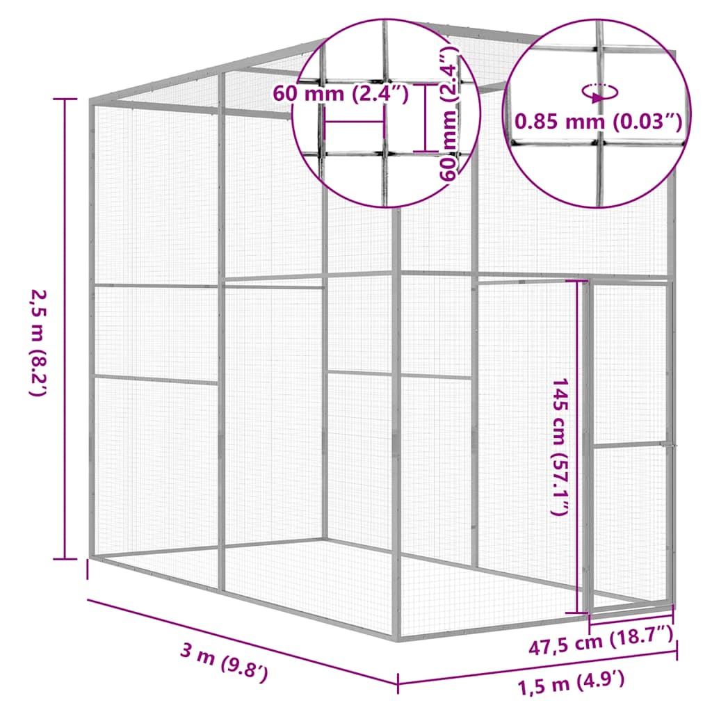 Klec pro kočky 3 x 1,5 x 2,5 m pozinkovaná ocel
