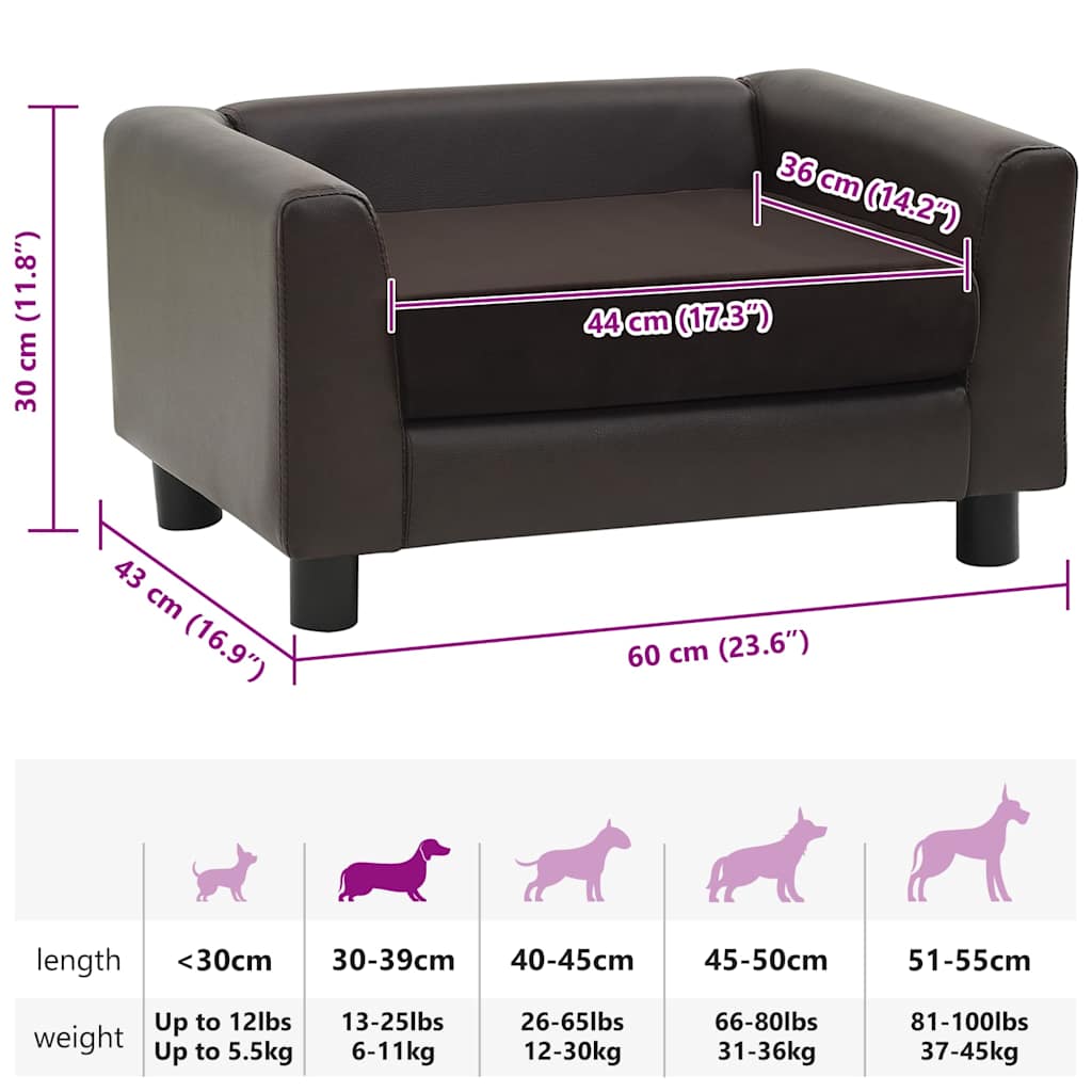 Pohovka pro psy hnědá 60 x 43 x 30 cm plyš a umělá kůže
