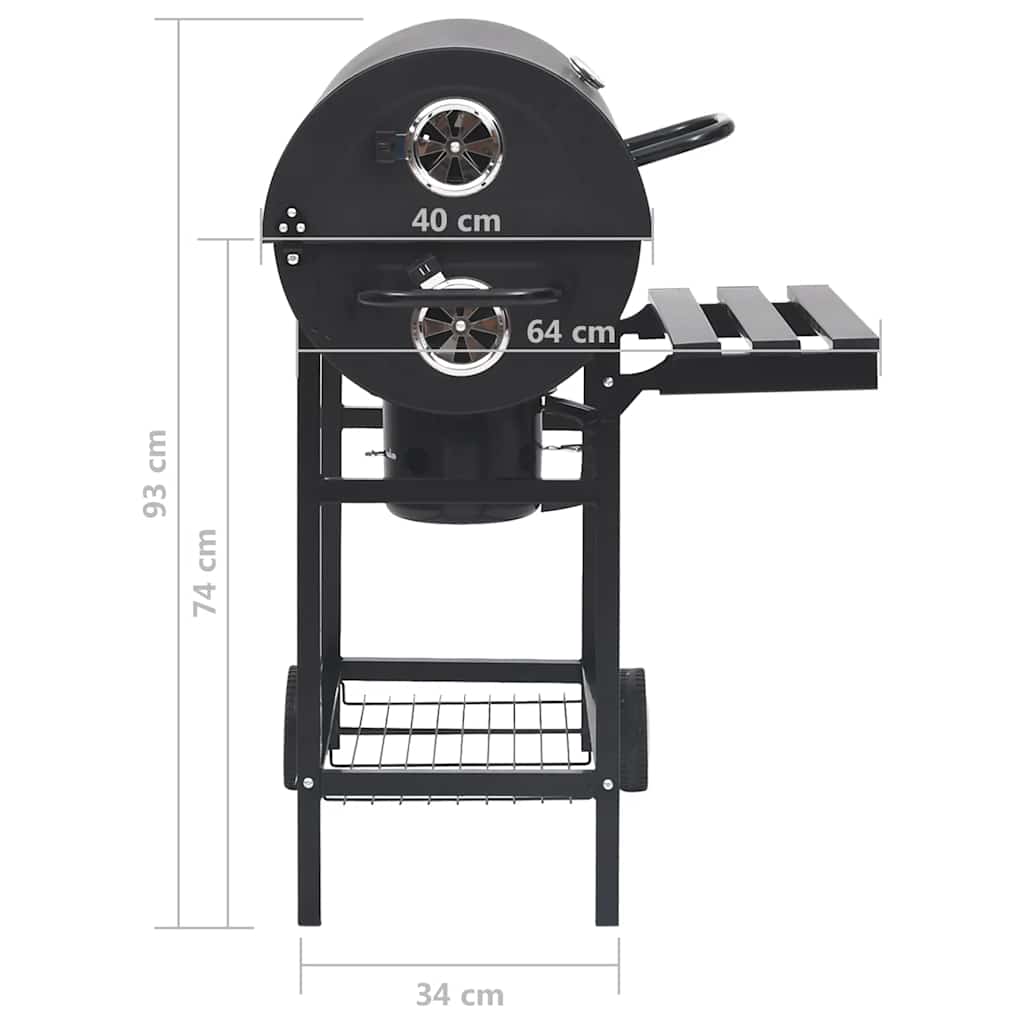 Válcový gril s kolečky a poličkami černý ocel 115 x 85 x 95 cm