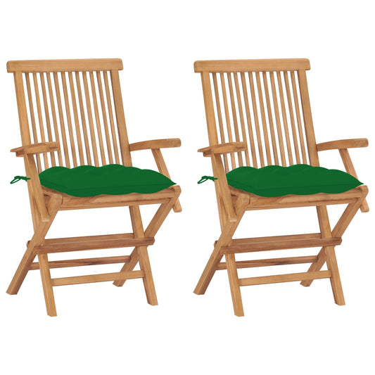 Zahradní židle se zelenými poduškami 2 ks masivní teak