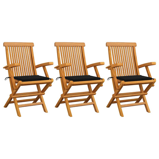 Zahradní židle s černými poduškami 3 ks masivní teak