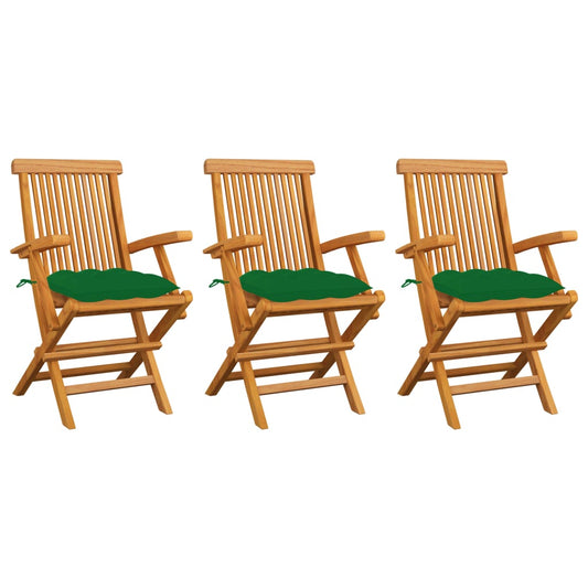 Zahradní židle se zelenými poduškami 3 ks masivní teak