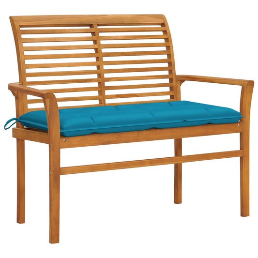 Zahradní lavice se světle modrou poduškou 112 cm masivní teak