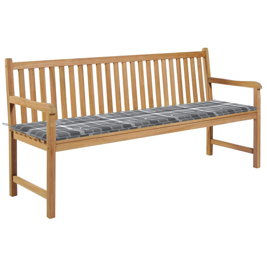 Zahradní lavice šedá károvaná poduška 175 cm masivní teak