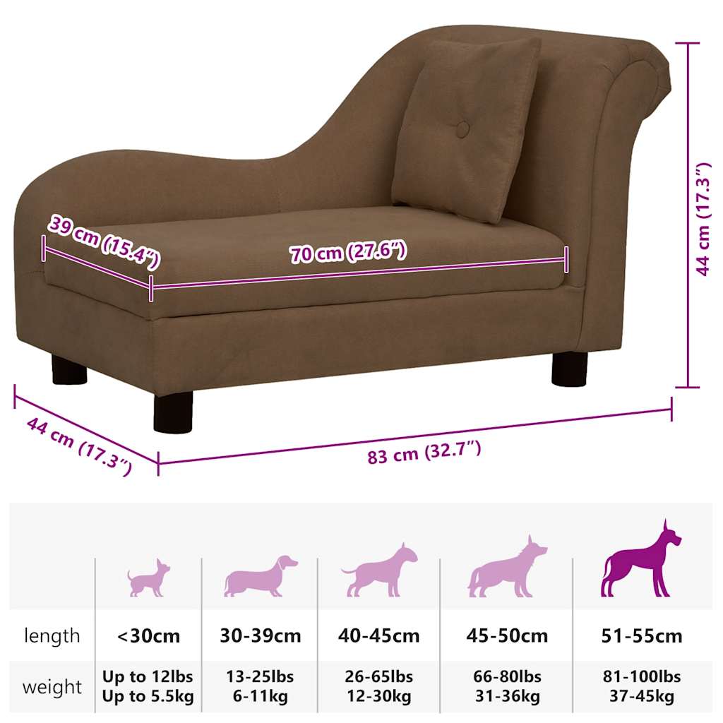 Pohovka pro psy s polštářem hnědá 83 x 44 x 44 cm plyš