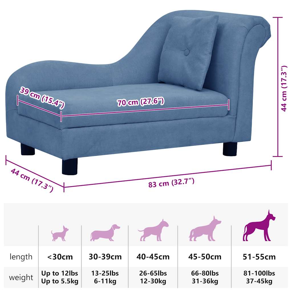 Pohovka pro psy s polštářem modrá 83 x 44 x 44 cm plyš