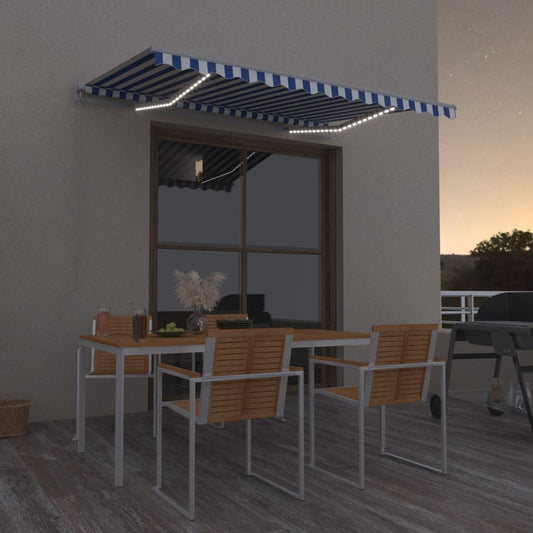 Ručně zatahovací markýza s LED světlem 300 x 250 cm modrobílá
