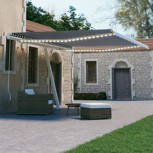 Ručně zatahovací markýza s LED světlem 450 x 300 cm modrobílá
