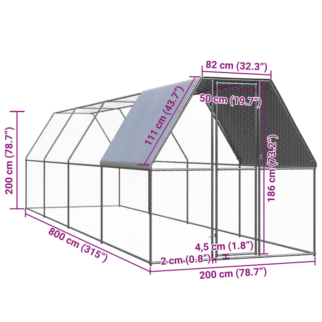 Venkovní klec pro kuřata 2 x 8 x 2 m pozinkovaná ocel