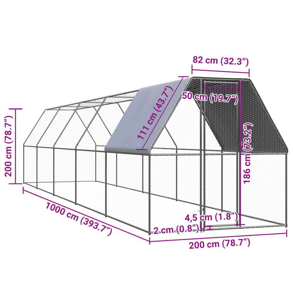 Venkovní klec pro kuřata 2 x 10 x 2 m pozinkovaná ocel