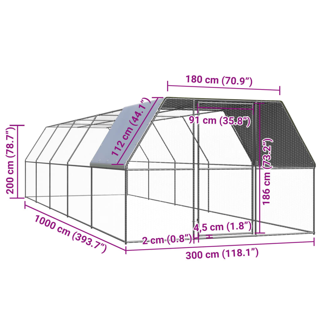 Venkovní klec pro kuřata 3 x 10 x 2 m pozinkovaná ocel