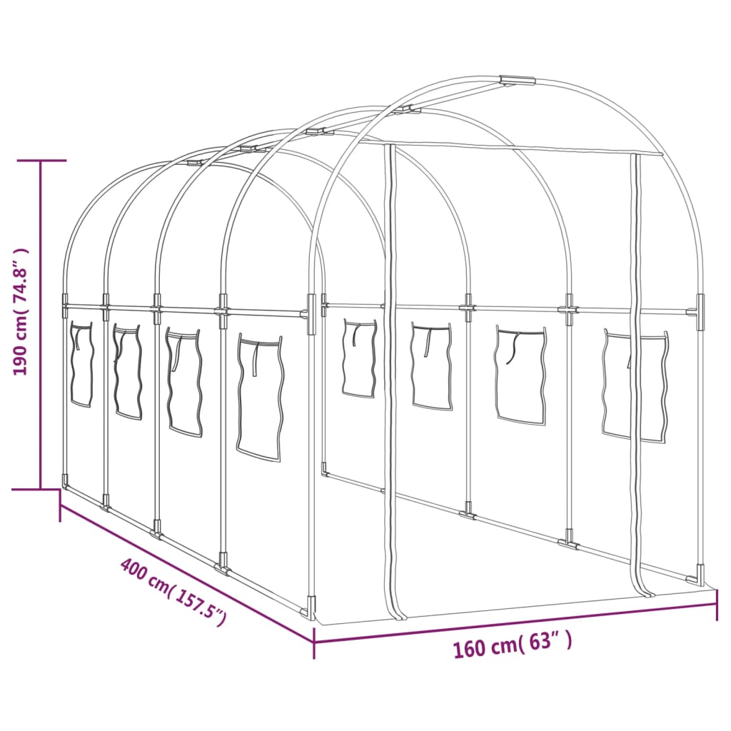 Skleník průhledný 160 x 400 x 190 cm PVC práškově lakovaná ocel