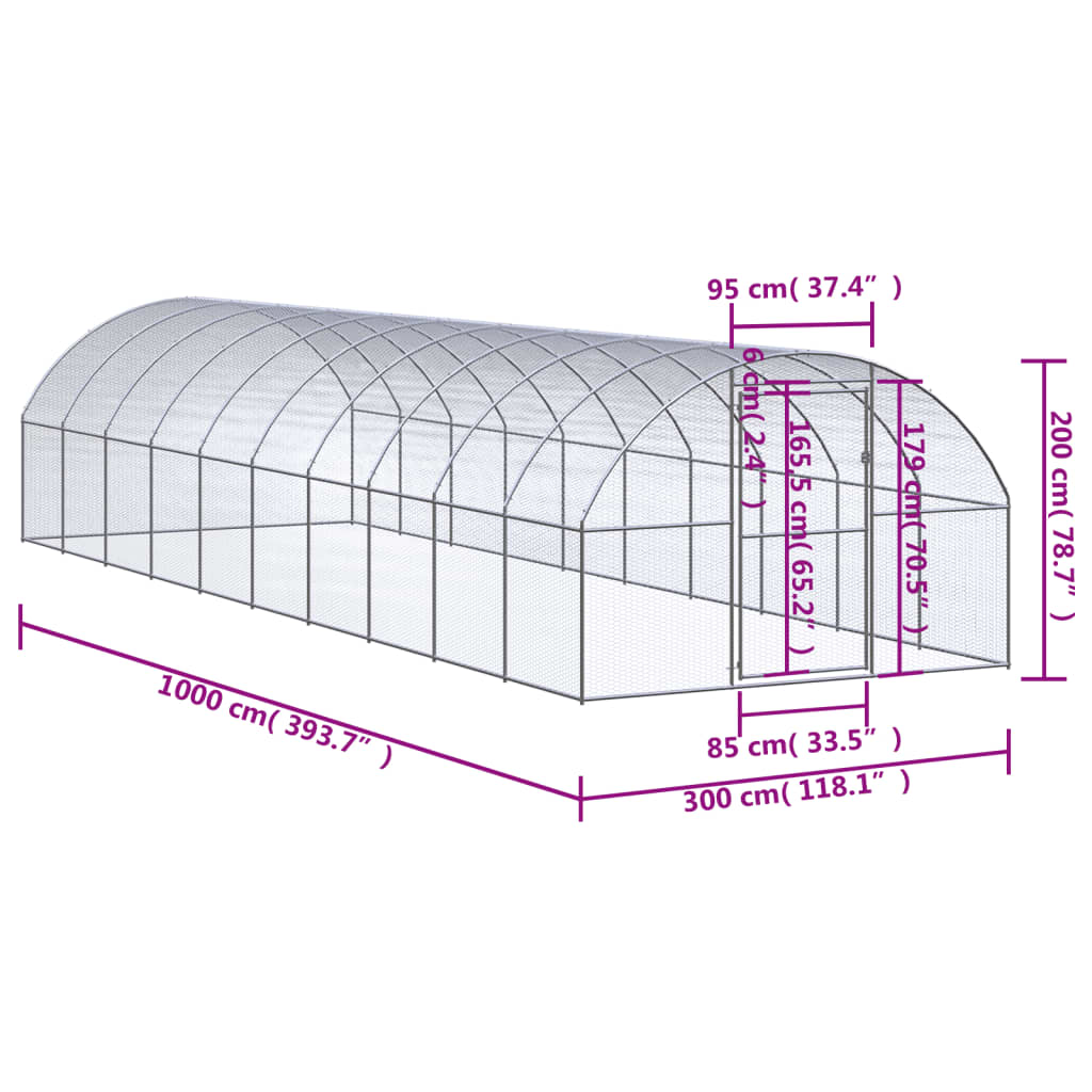 Venkovní klec pro kuřata 3 x 10 x 2 m pozinkovaná ocel