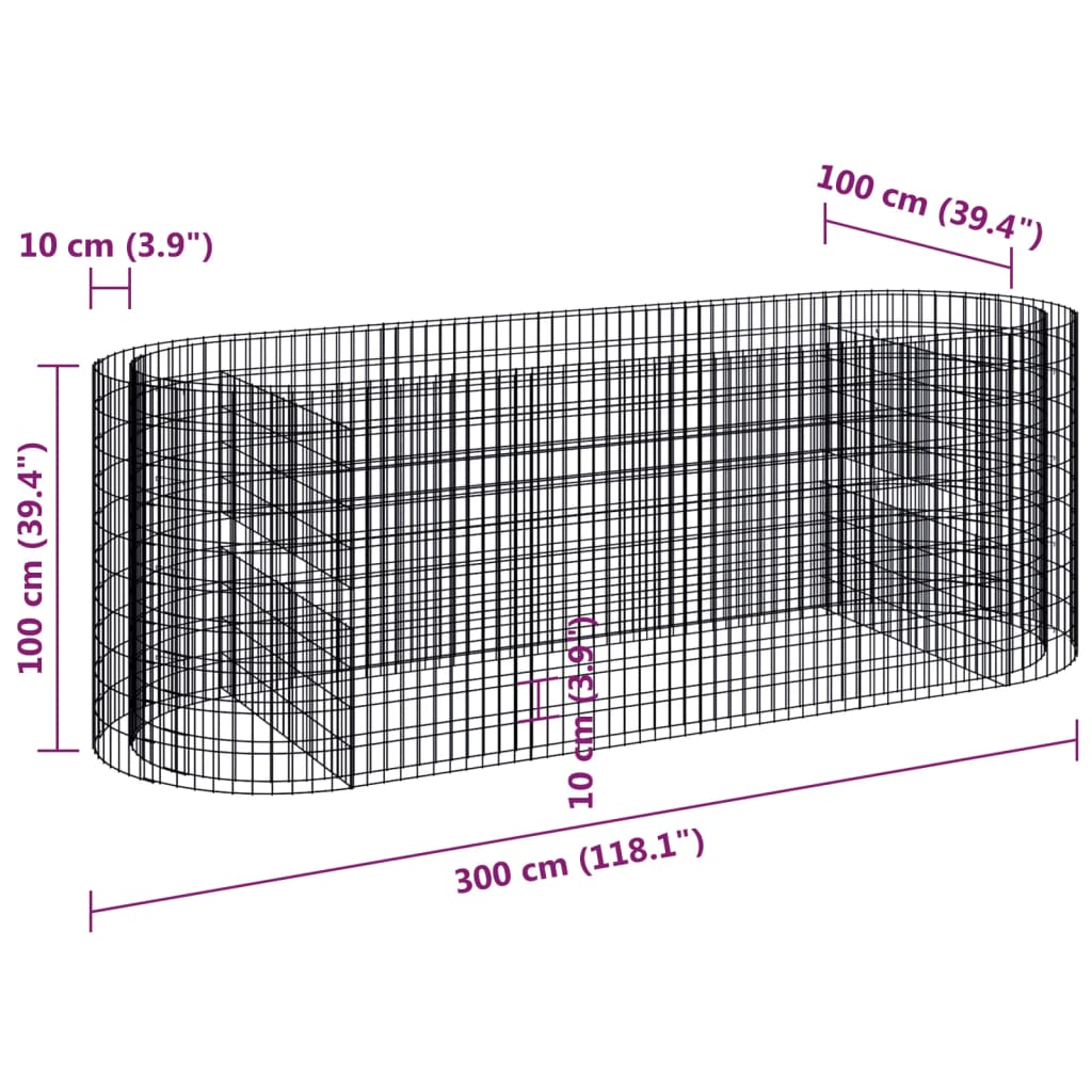 Gabionový vyvýšený záhon pozinkované železo 300 x 100 x 100 cm