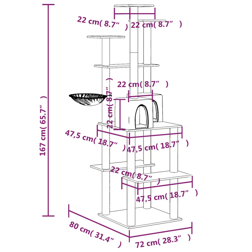 Škrabadlo pro kočky se sisalovými sloupky světle šedé 167 cm