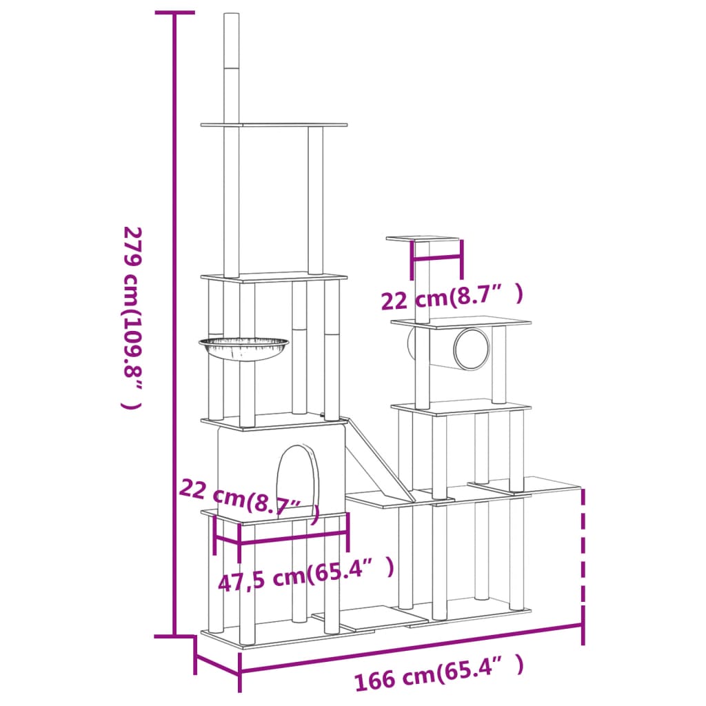 Škrabadlo pro kočky se sisalovými sloupky krémové 279 cm