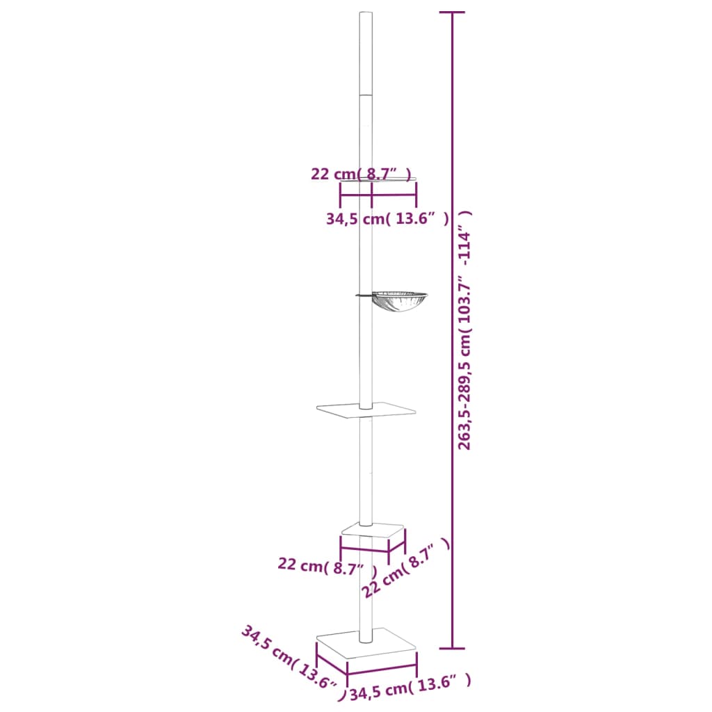 Kočičí strom ke stropu světle šedý 263,5–289,5 cm