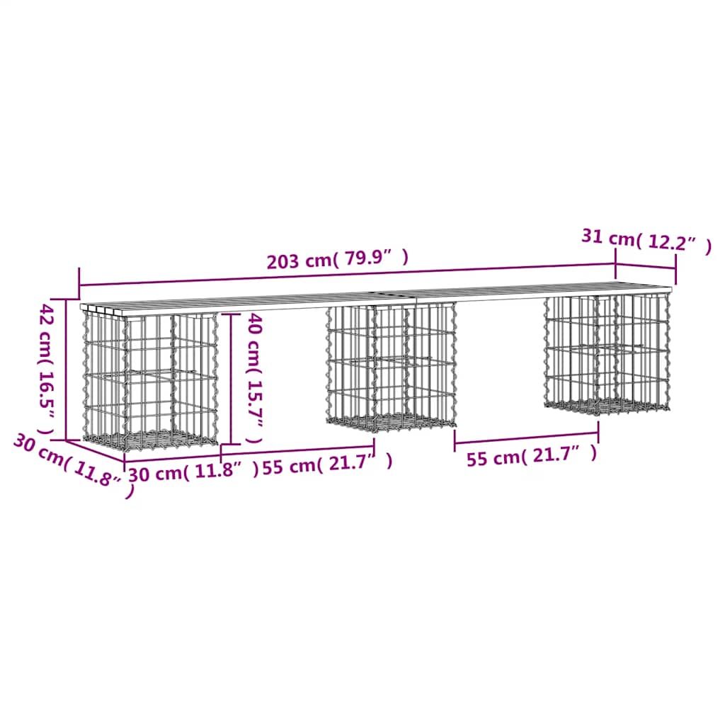 Zahradní lavice gabionový design 203 x 31 x 42 cm borové dřevo