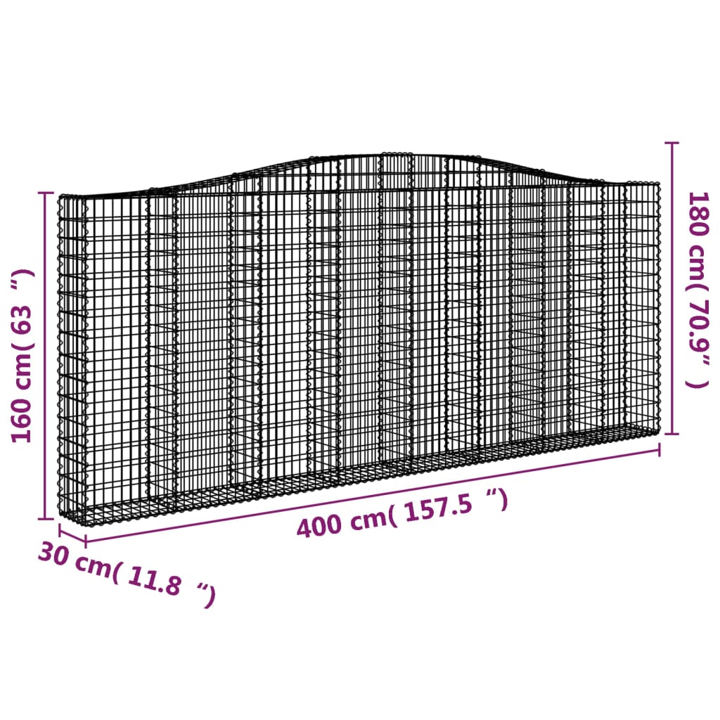 Klenutý gabionový koš 400 x 30 x 160/180 cm pozinkované železo
