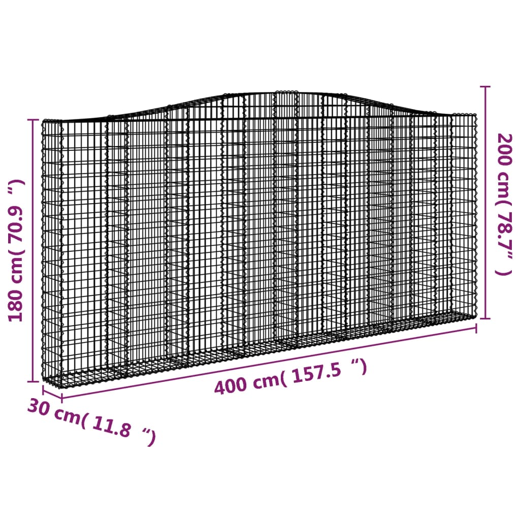Klenutý gabionový koš 400 x 30 x 180/200 cm pozinkované železo