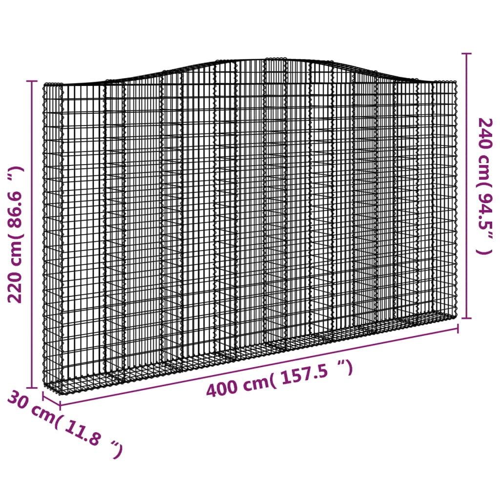 Klenutý gabionový koš 400 x 30 x 220/240 cm pozinkované železo