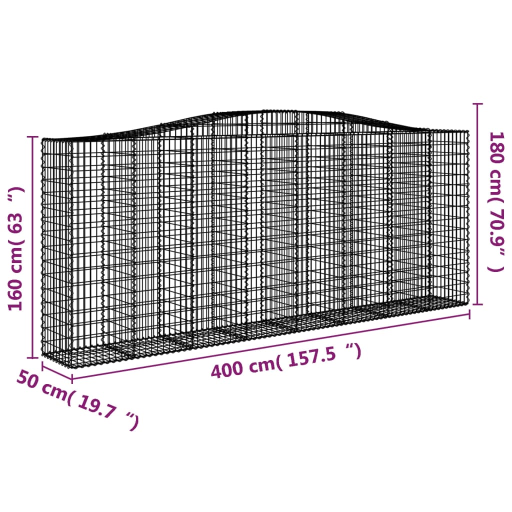 Klenutý gabionový koš 400 x 50 x 160/180 cm pozinkované železo