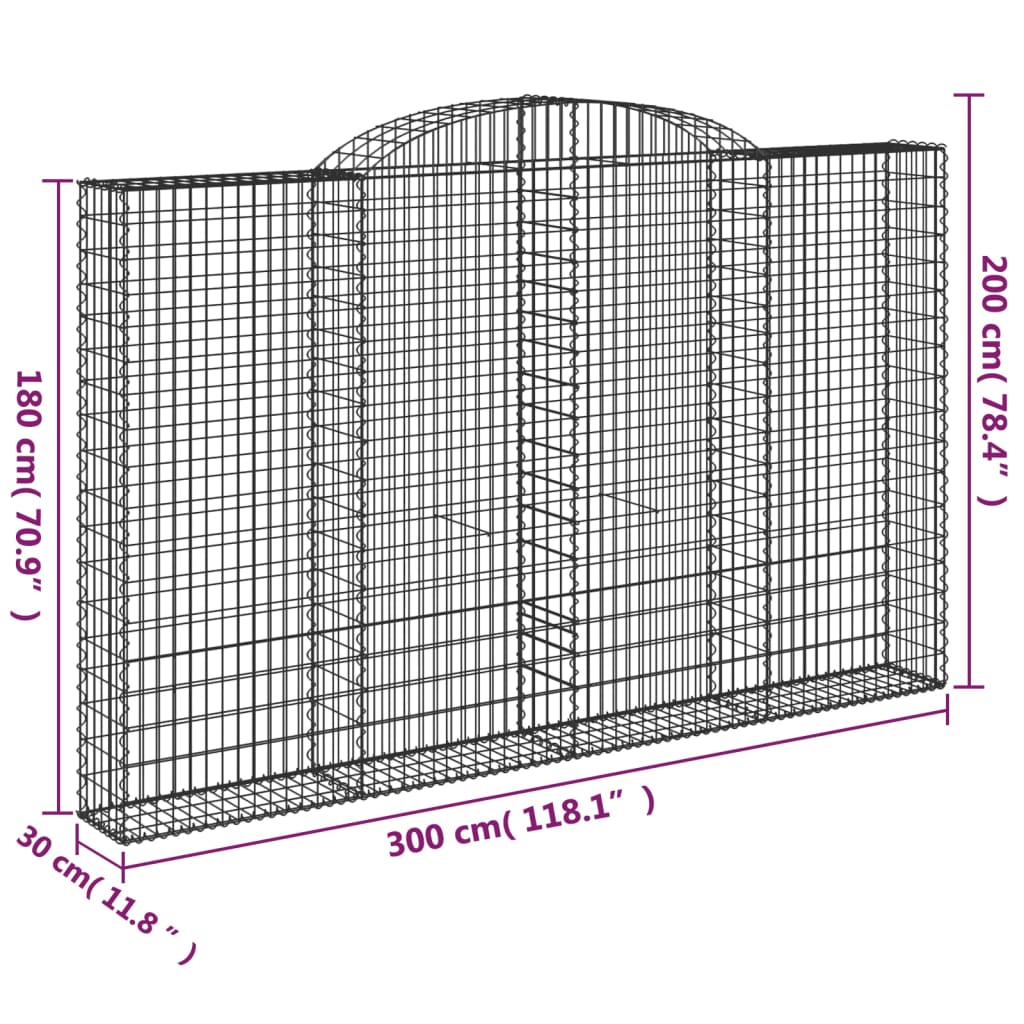 Klenutý gabionový koš 300 x 30 x 180/200 cm pozinkované železo
