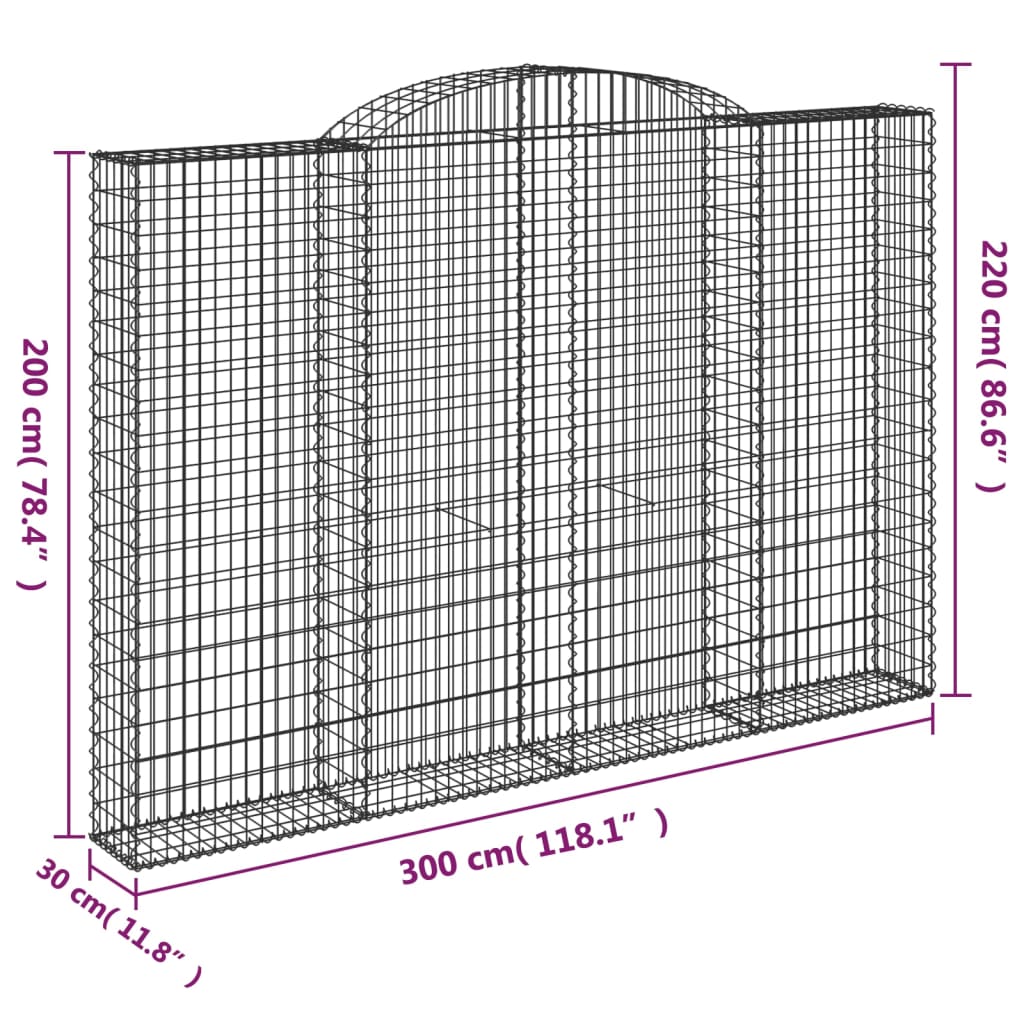 Klenutý gabionový koš 300 x 30 x 200/220 cm pozinkované železo